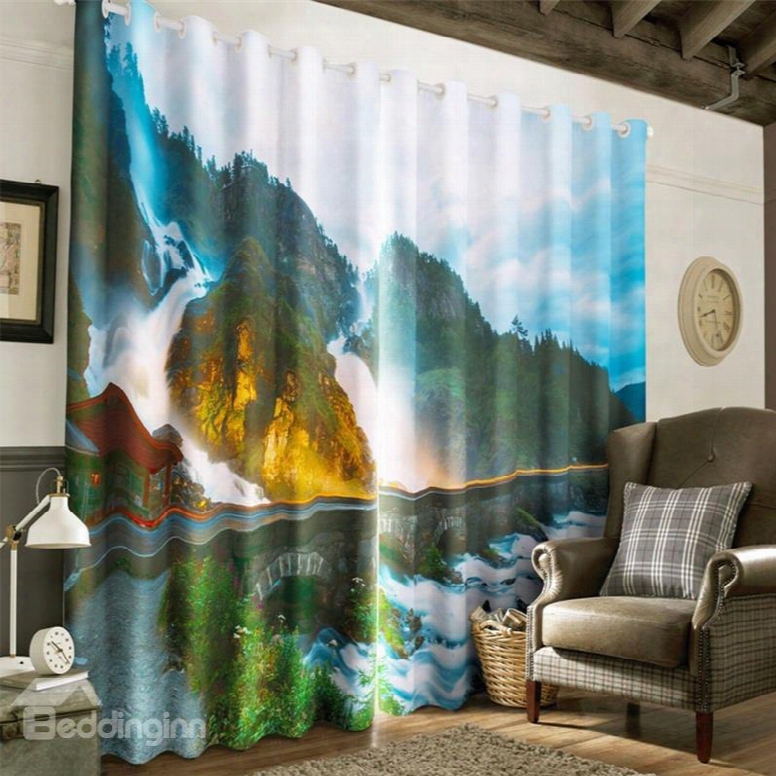 3d Stone Bridge And Rolling Mountains Printed Custom 2 Panels Living Room Curtain