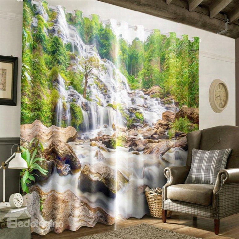 3d Stones And Green Trees Printed Natural Scenery 2 Panels Custom Curtain