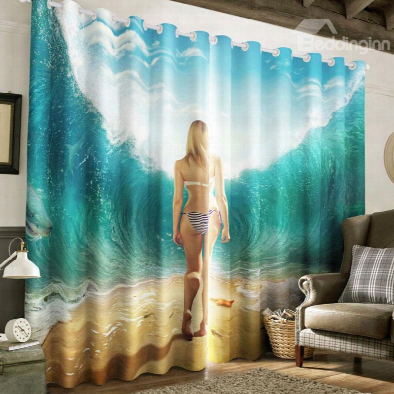 3d Surging Waves And Pretty Lady Printed 2 Panels Decorative Custom Curtain