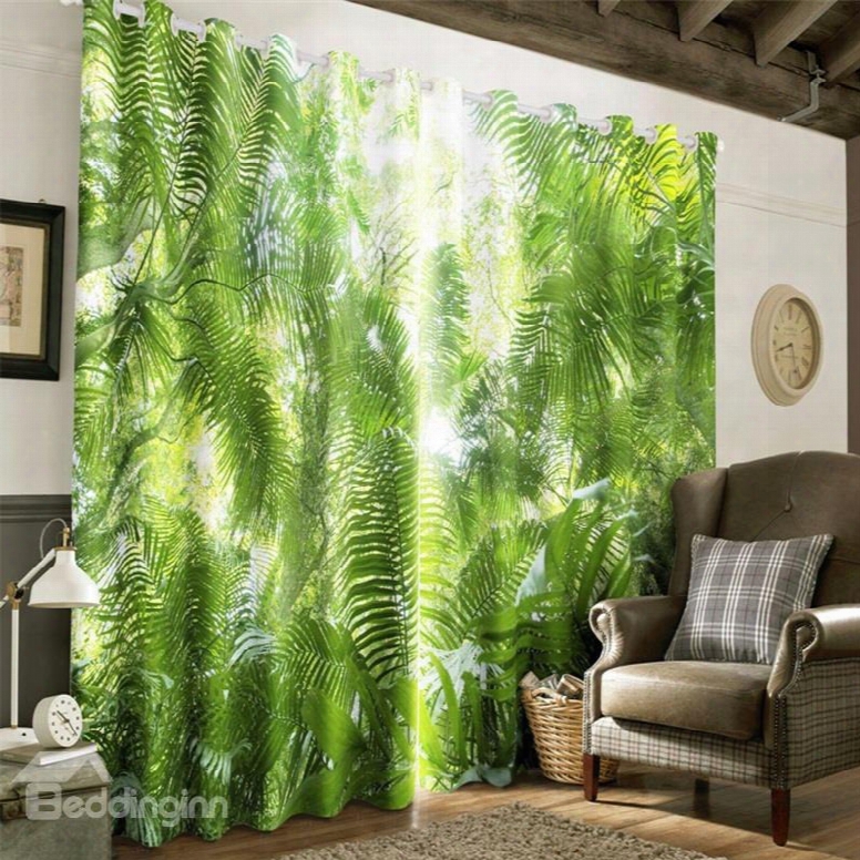 3d Thick Green Plantain Leaves Printed 2 Panels Living Room And Bedroom Curtain