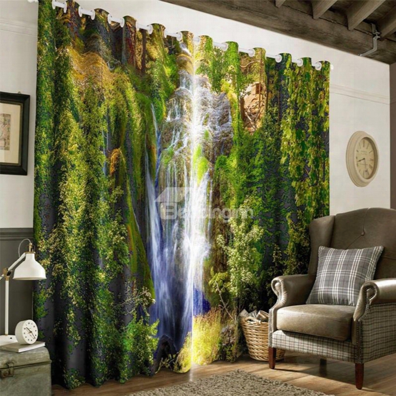 3d Torrential Waterfalls And Green Forest Printed 2 Panels Grommet Top Curtain