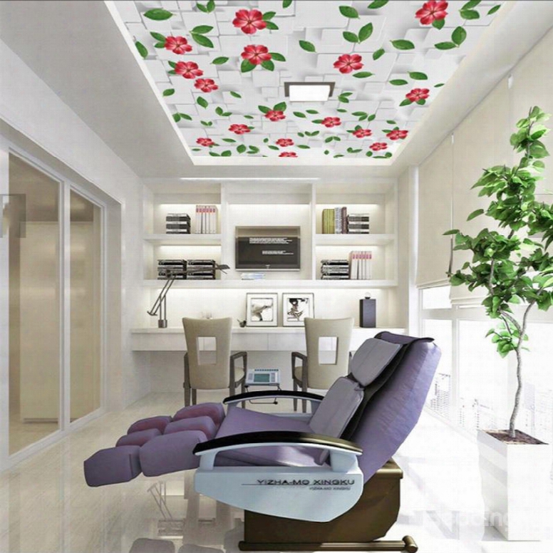 3d White Background With Red Flowers Waterproof Permanent Eco-friendly Ceiling Mrals