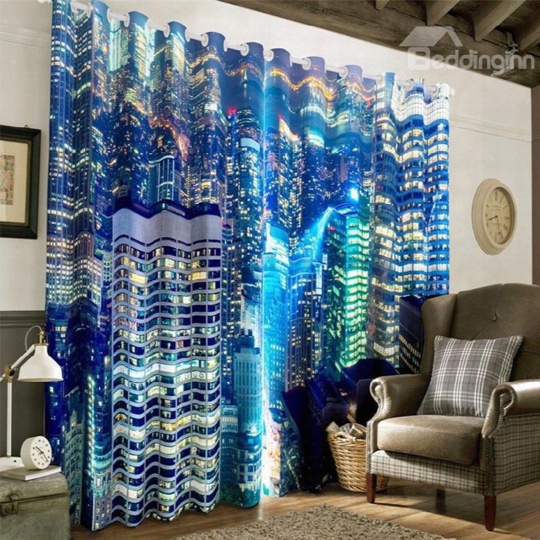 3d Wonderful Night City Scenery Printed 2 Panels Decorative And Heat Insulation Drapes