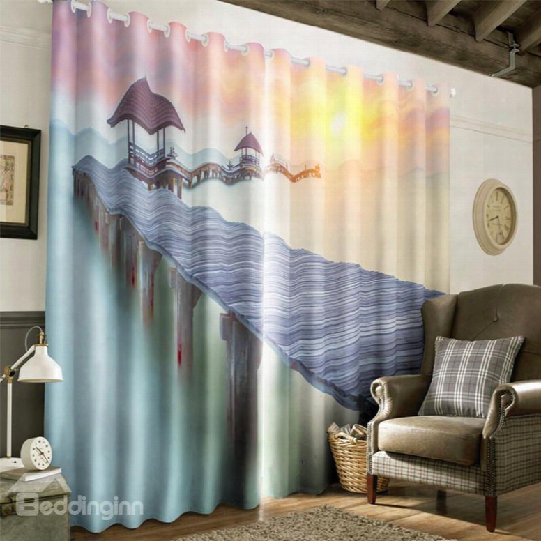3d Wooden Bridge On The Sea Printed 2 Panels Decorative And Creative Curtain