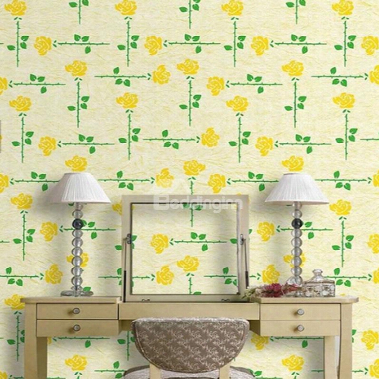 3d Yellow Background With Flowers And Leaves Printed Sturdy Waterproof Eco-friendly Wall Mural