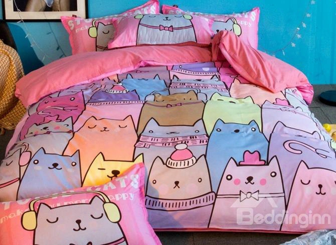 Adorable Colorful Cartoon Kittens 4-piece Polyester Duvet Cover Sets