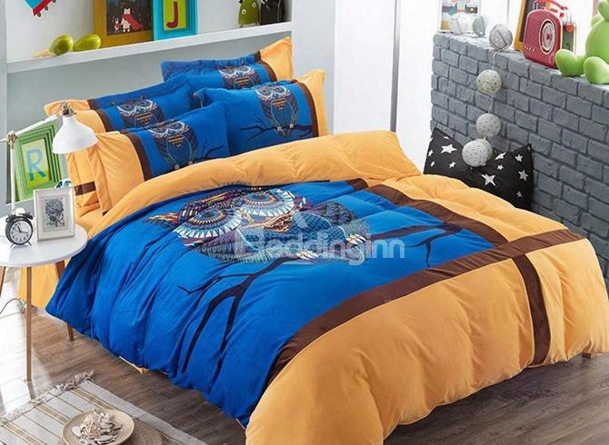Adorable Owl And Stripe Print Coral Velvet Fluffy 4-piece Bedding Sets/duvet Cover