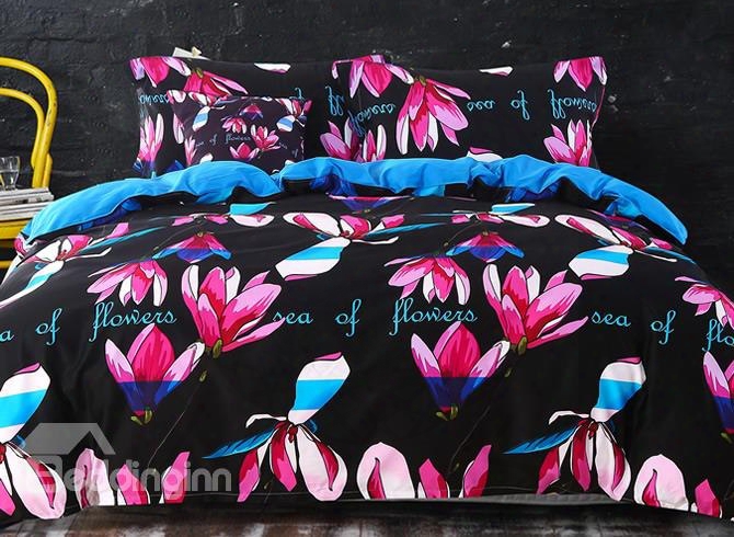 Adorila 60s Brocade Multi-color Magnolia Buds Prints 4-piece Cotton Bedding Sets