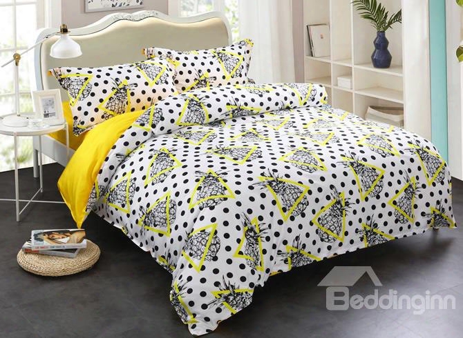 Adorila 60s Brocade Pineapples Yellow Triangles And Black Spot 4-piece Cotton Beddi Ng Sets