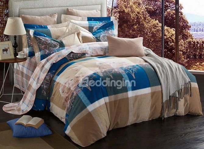 Autumn Trees And Plaid Pattern Modern Style Cotton 4-piece Bedding Sets/duvet Cover