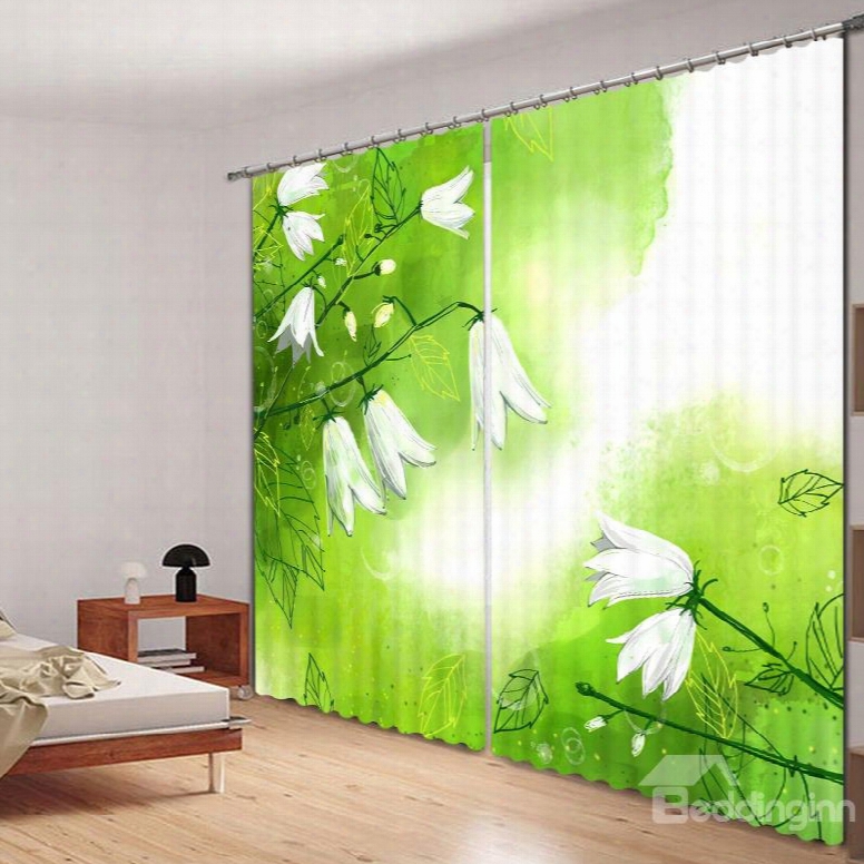 Beautiful White Flower Printed 3d Polyester Curtain