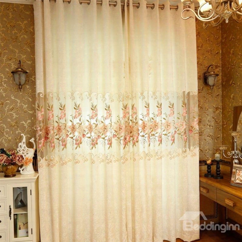 Beige Chenille With Embroidered Pink Peach Flowers Romantic And Elegant Living Window Drapes