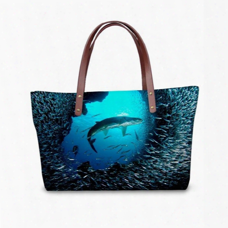 Big Shark With Little Fish Waterproof 3d Printed For Women Girls Shoulder Handbags