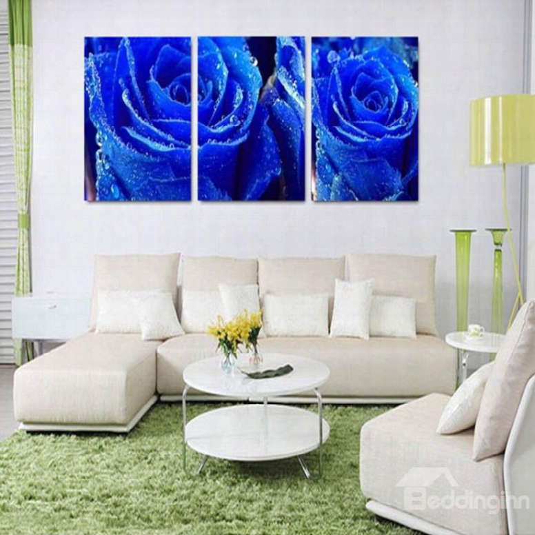 Blue Roses Pattern Fabric 3-panel Ready To Hang Framed Wall Art Prints