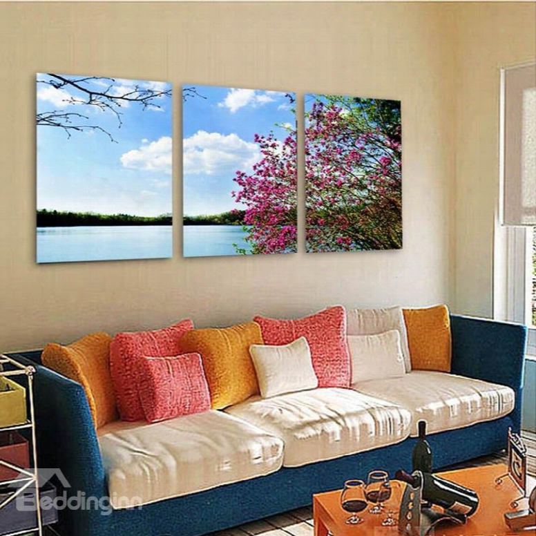 Blue Sky And River Scenery Pattern Fabric And Canvas Waterproof Framed Wall Prints