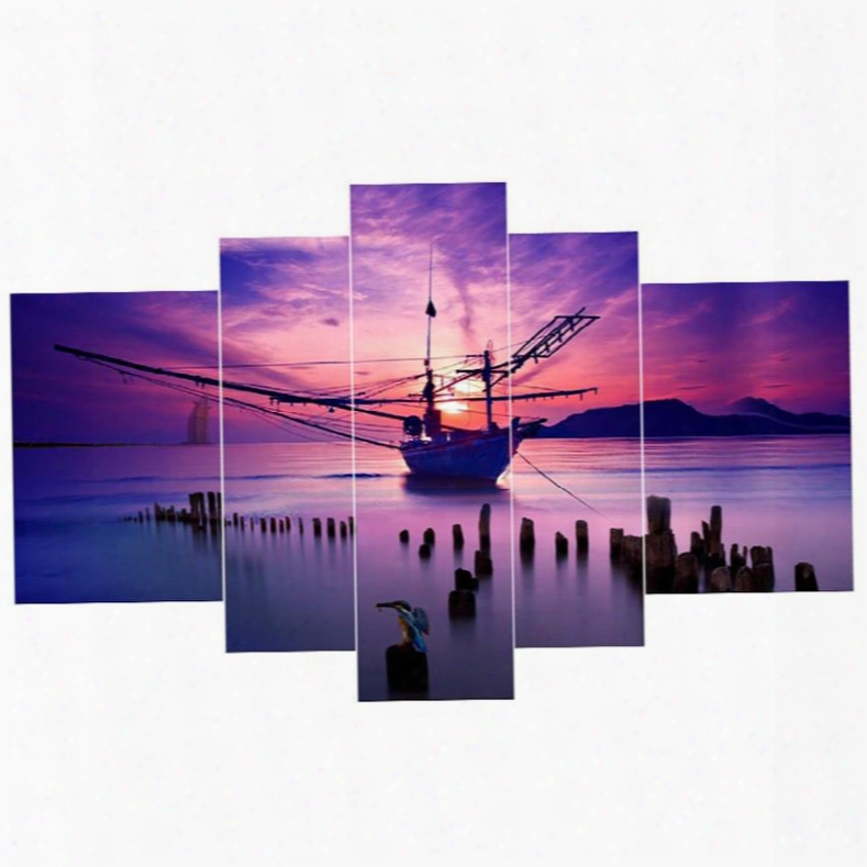 Boat And Lake In Purple Sunset Hanging 5-piece Canvas Waterproof Non-framed Prints