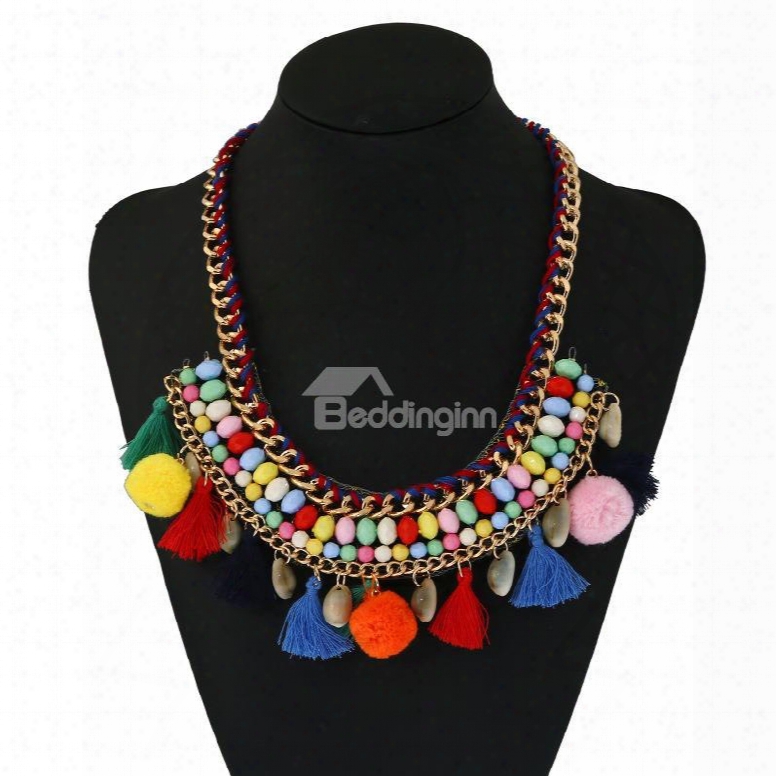 Bohemian Colorful Pom Pom Necklace For Women And Girls