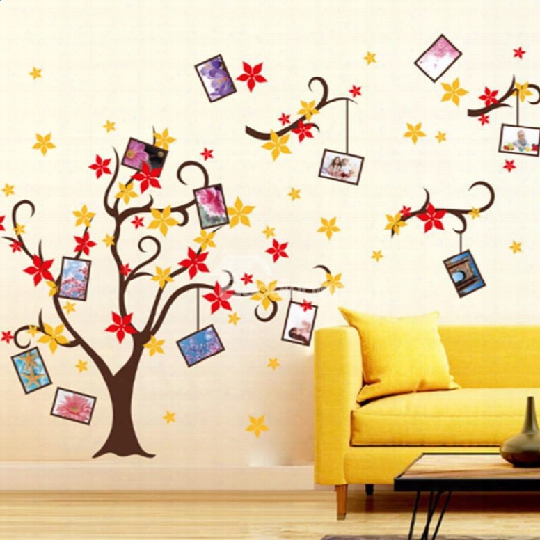 Brown Branches With Red And Yellow Flowers 12 Photo Frames Waterproof Wall Stickers