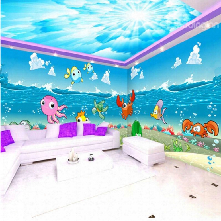 Cartoon Cute Fishes In The Sea Patyern Combined Waterproof 3d Ceiling And Wall Murals