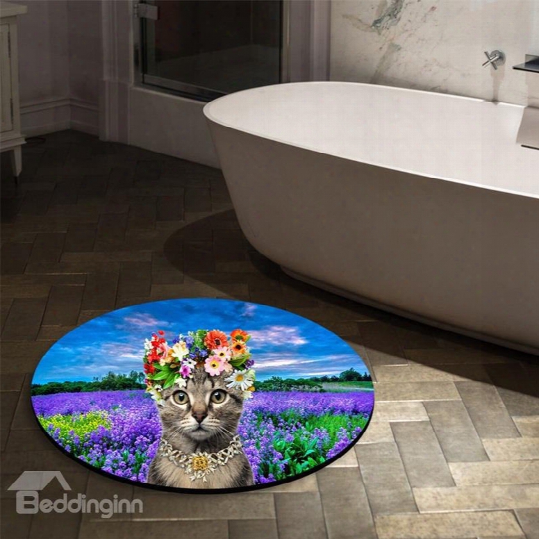 Cat With Flowers And Flower Field Nonslip Round Area Rug