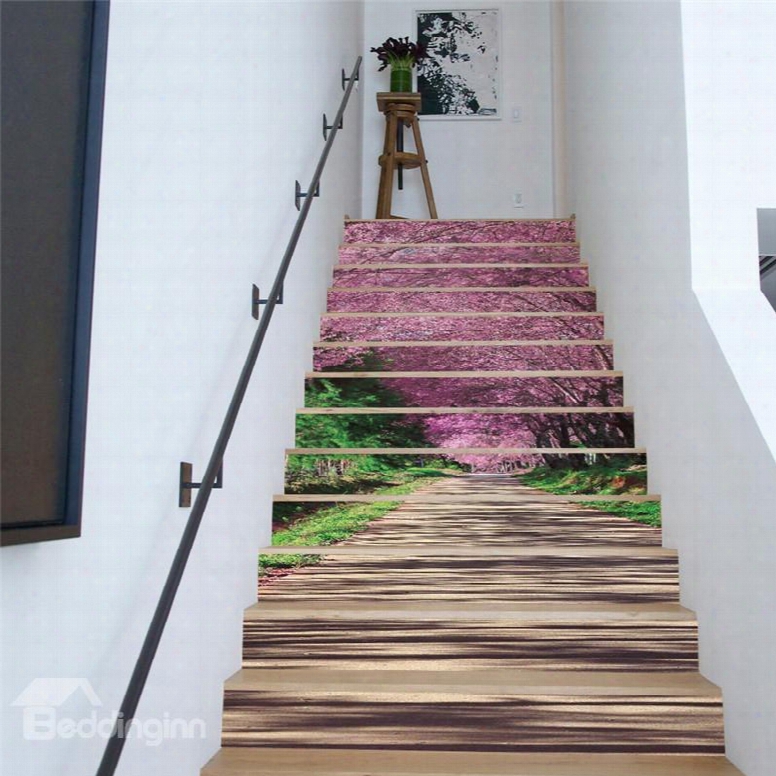 Cherry Trees On Both Sides Of Wooden Path 13-piece 3d Waterproof Stair Murals