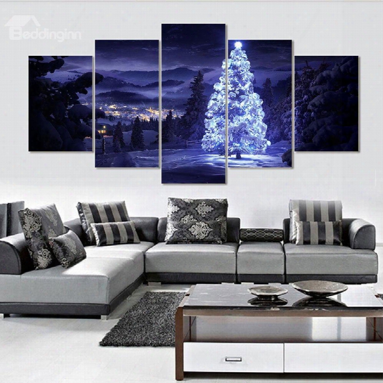 Christmas Tree In Blue Sky Hanging 5-piece Canvas Eco-friendly And Waterproof Non-framed Prints