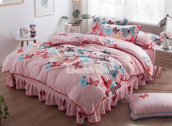Colorful Butterflies Printed Princess Style Pink Super Soft 4-piece Bedding Sets/duvet Cover