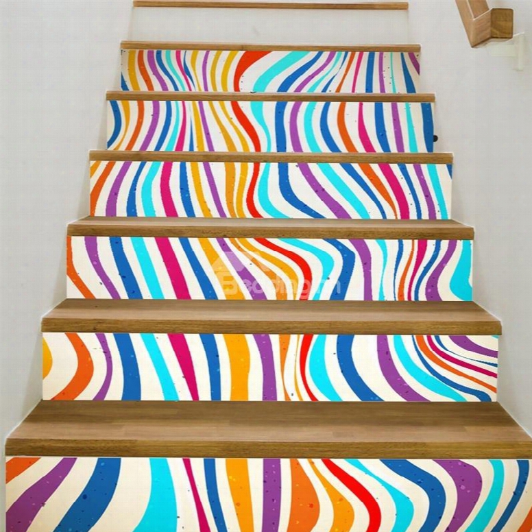 Colorful Curved Lines 6-piece 3d Pvc Waterproof Stair Mural