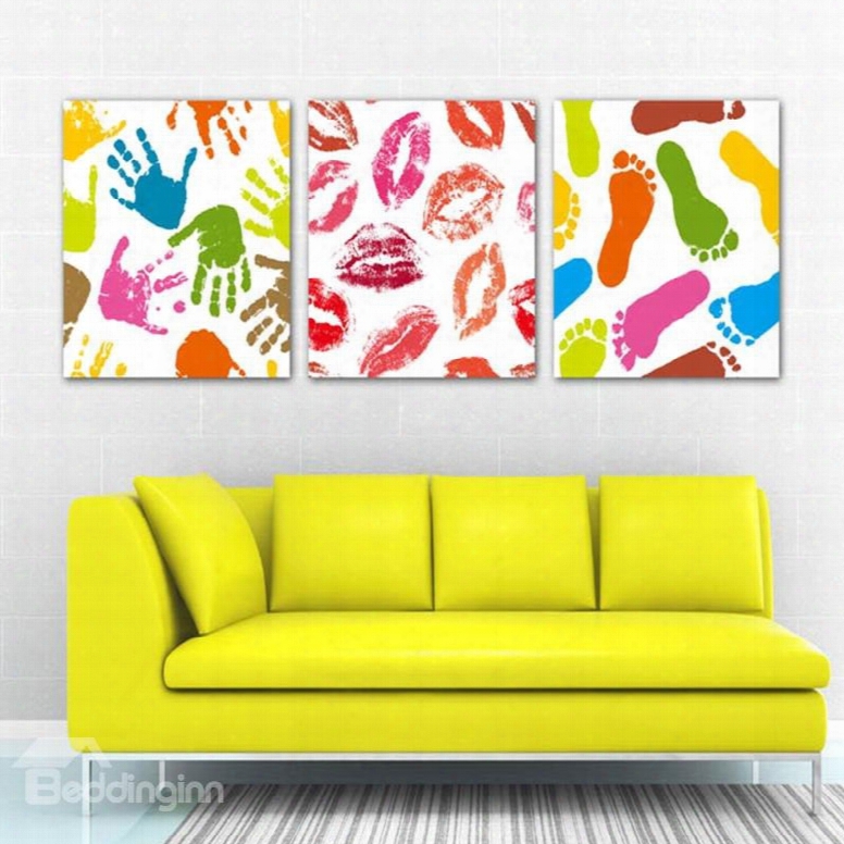 Colorful Hand Andf Ootprints Pattern Framed 3 Pieces Wall Art Prints