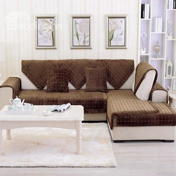 Comfortable Brown Thicken Flannel Four Seasons Square Block Design Slip Resistant Sofa Covers