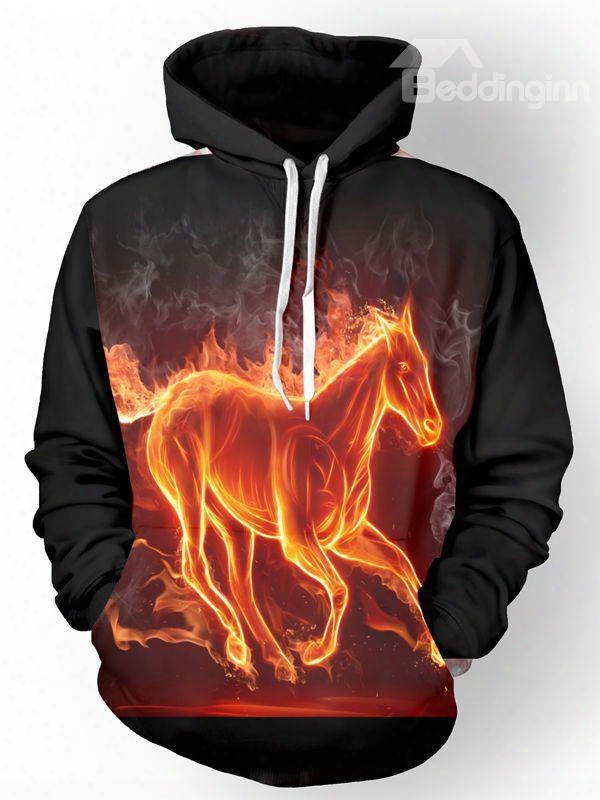Cool Long Sleeve Fire Horse Pattern Pocket 3d Painted Hoodie