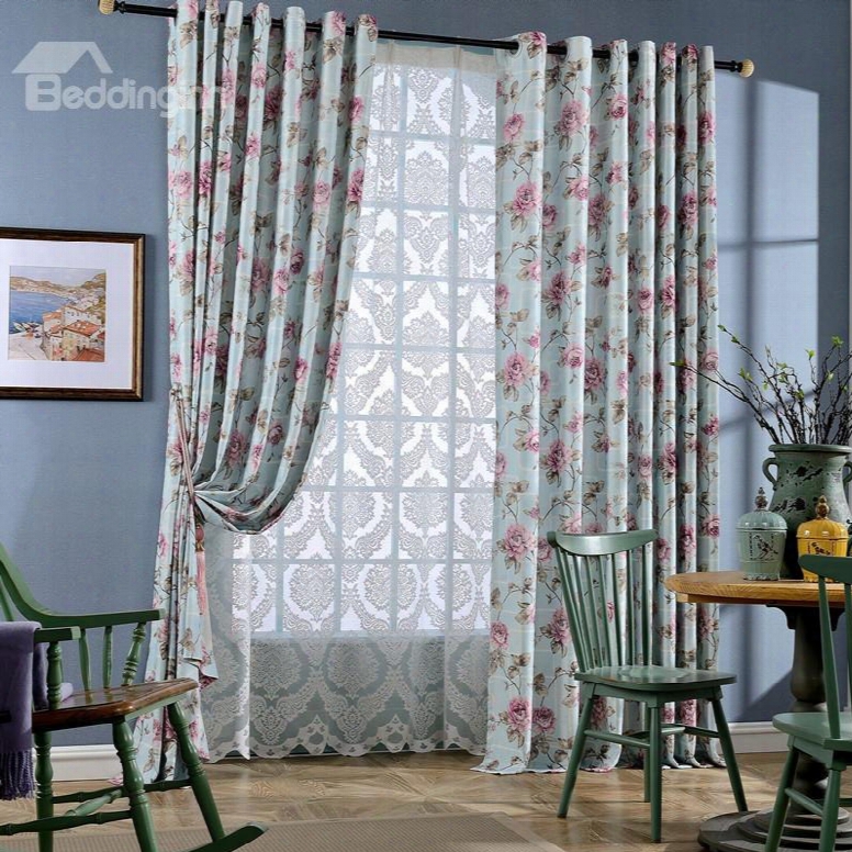 Country Style Floral Printing Light Blue Grommet Top Curtain