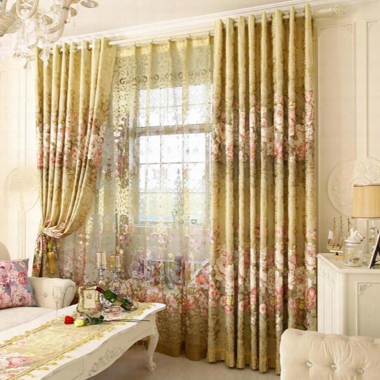 Country Style Peony Prrinting Grommet Top Curtain