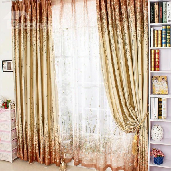 Country Style Tree Printing Yellow Thicken Blackout Grommet Top Curtain