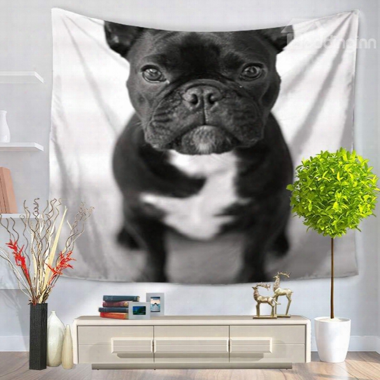 Cute Sitting Black Bulldog Pattern Decorative Hanging Wall Tapestry