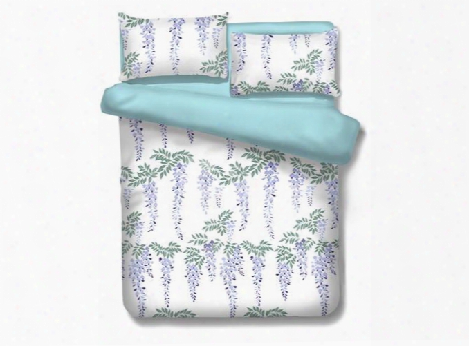 Designer Purple Strings Of Green Leaves Printed Polyester 4-piece Bedding Sets/duvet Cover