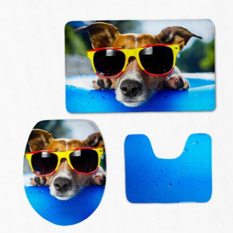 Dog With Sunglasses Printed Flannel Pvc Soft Water-absorption  And Anti-slid Toilet Seat Covers