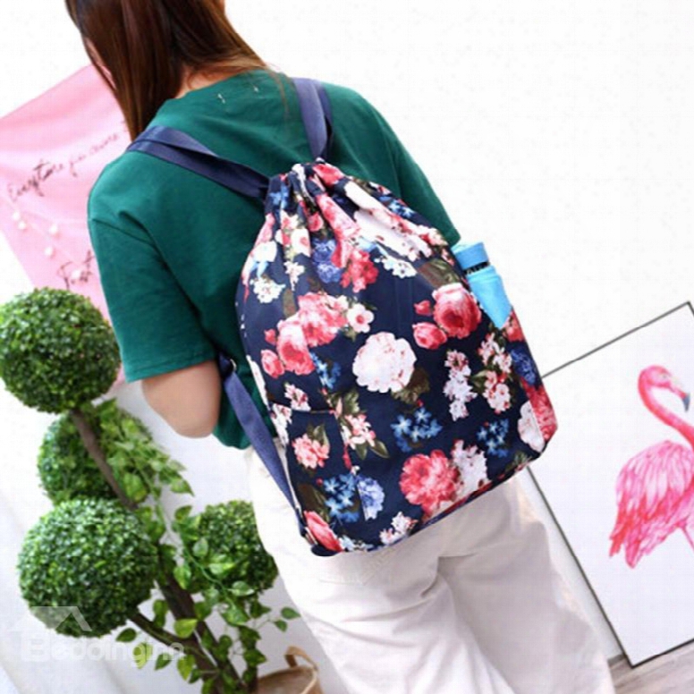 Drawstring Bag Waterproof Floal Pattern Portable Backpack