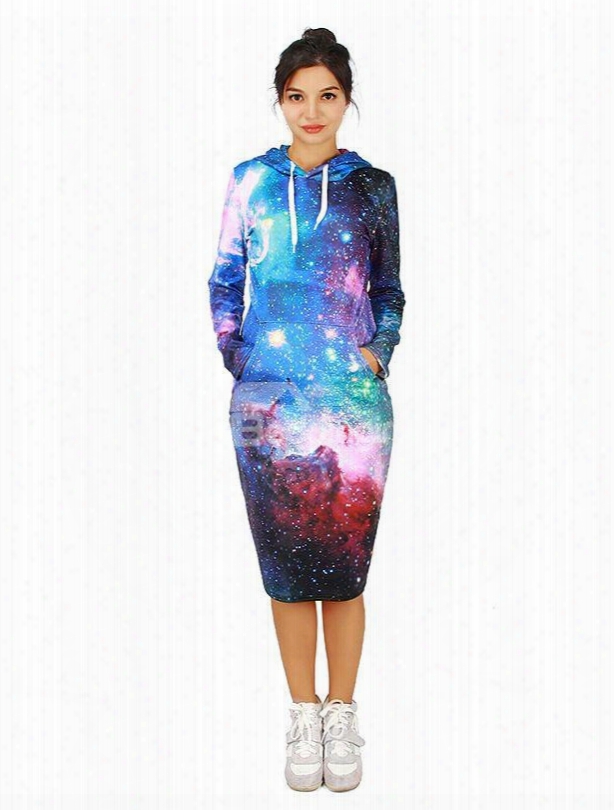 Elegant Long Sleeve Starry Sky Pattern 3d Painted Hoodie Dress