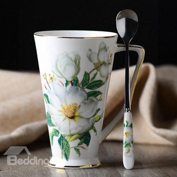 Elefant White Ceramic Flower Pattern Cup And Spoon Painted Pottery