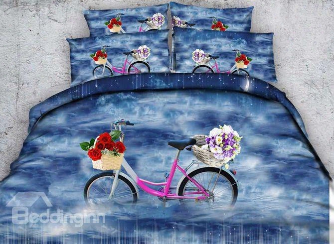Fancy Bicycle With Basket Of Colorful Flowers Print 5-piece Comforter Sets