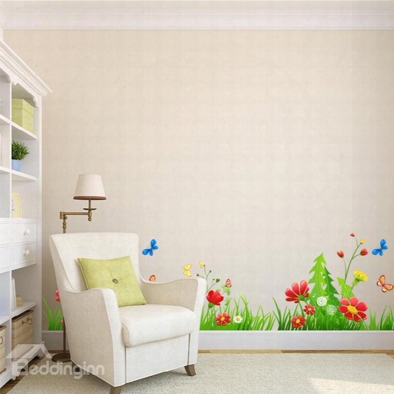 Flowers Grass Butterflies Pritned Pvc Waterproof Eco-friendly Baseboard Wall Stickers