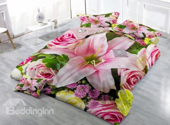 Fragrant Lily Print Satin Drill  4-piece Duvet Cover Sets