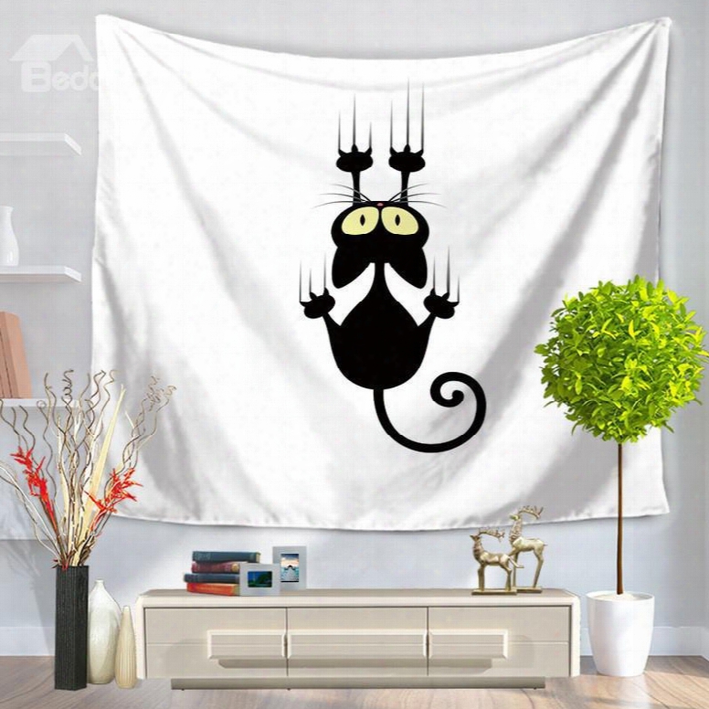 Frightened Black Cat Climbing Toward Pattern Hanging Wall Tapestries