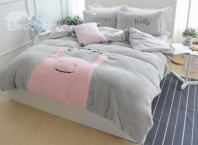 Full Size Cartoon Little Monster Grey Soft 4-piece Fluffy Bedding Sets/duvet Cover