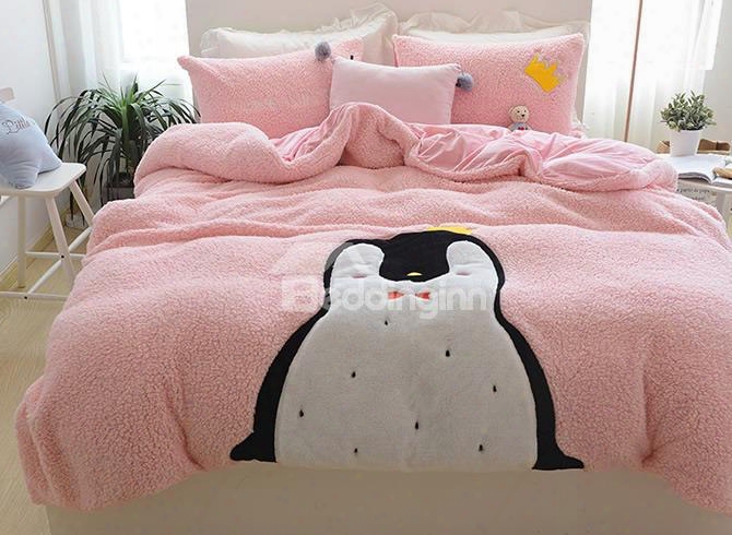 Full Size Cartoon Penguin Pattern Pink Soft 4-piece Fluffy Bedding Sets/duvet Cover