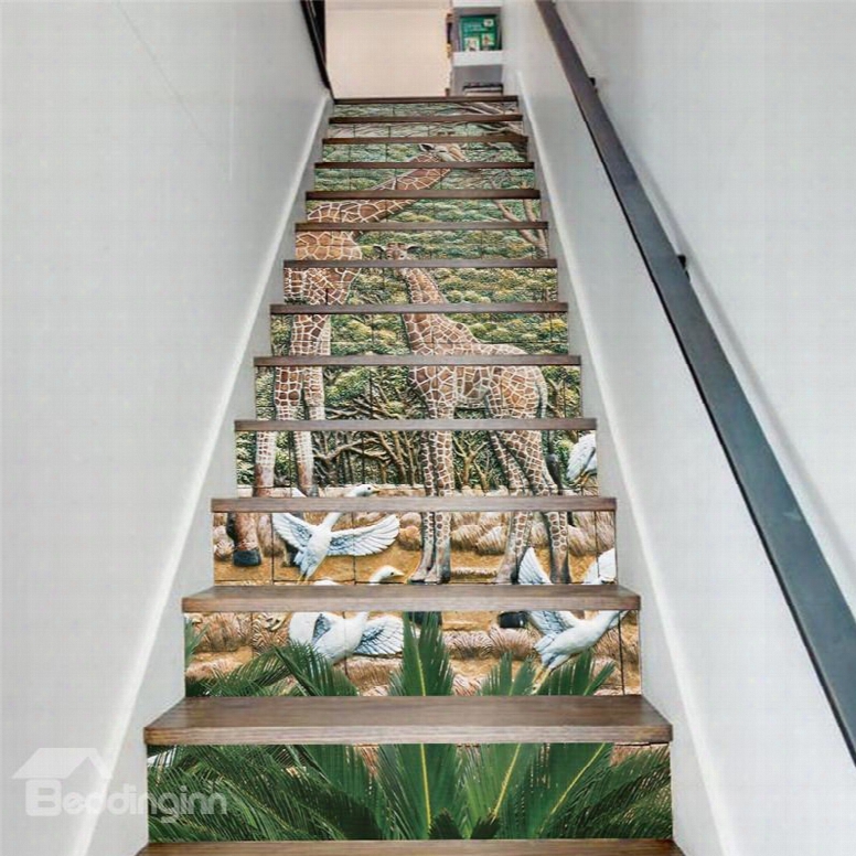 Giraffes And Swans In Forest 13-piece Pvc 3d Waterproof Stair Murals