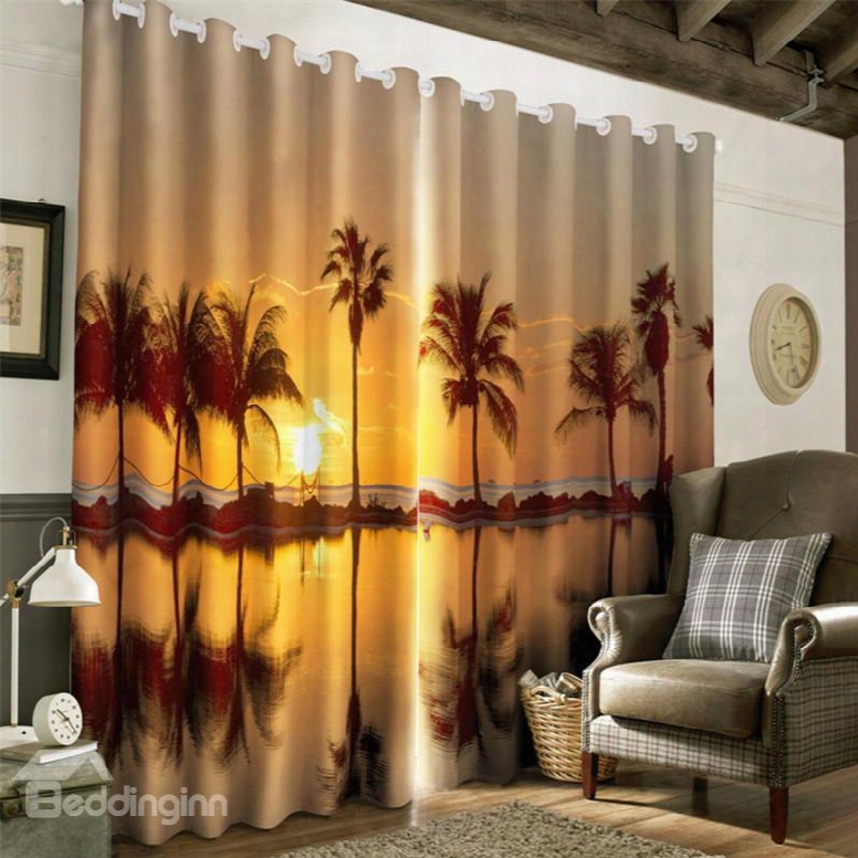 Golden Sunset Scenery With Palm Trees Printing 2 Panels Custom Living Room 3d Curtain