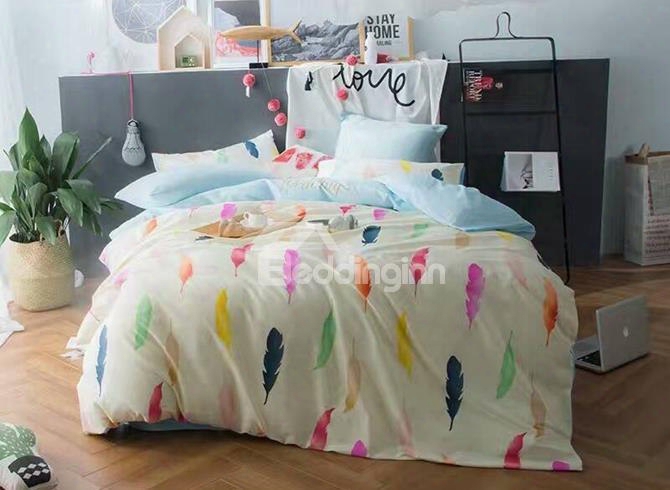 Gorgeous Colorful Feathers Print Cotton 4-piece Duvet Cover Sets