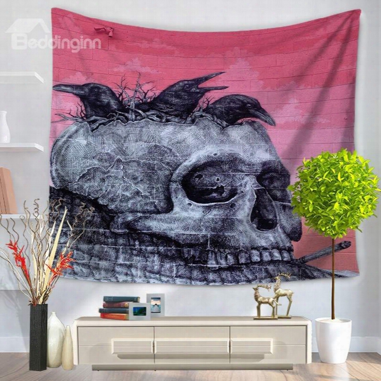 Gray Skull With Black Crow And Nest Decorative Hanging Wall Tapestry